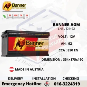 BANNER RUNNING BULL AGM LN5 | DIN92L | 59201 92Ah 850EN START-STOP CAR BATTERY