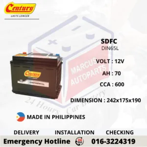 CENTURY CONTINENTAL SDFC LN2 DIN65L 70Ah 600CCA Maintenance Free Car Battery