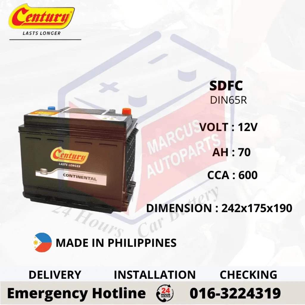 CENTURY CONTINENTAL SDFC LN2 DIN65R 70Ah 600CCA Maintenance Free Car Battery