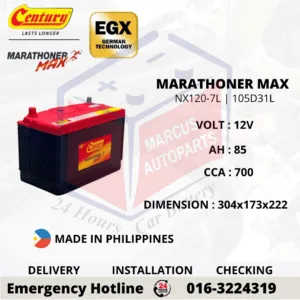 CENTURY MARATHONER MAX NX120-7L N70ZL 105D31L 85Ah 700CCA Maintenance Free Car Battery