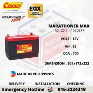 CENTURY MARATHONER MAX NX120-7 N70Z 105D31R 85Ah 700CCA Maintenance Free Car Battery