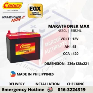 CENTURY MARATHONER MAX NS60L 55B24L 45Ah 420CCA Maintenance Free Car Battery