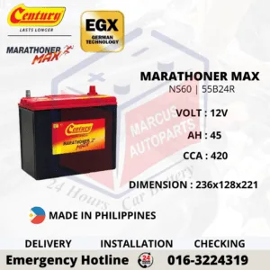 CENTURY MARATHONER MAX NS60 55B24R 45Ah 420CCA Maintenance Free Car Battery