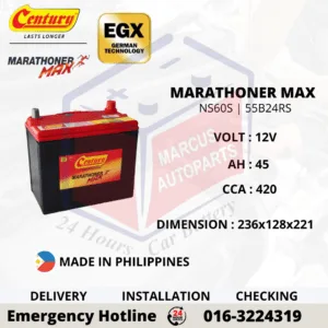 CENTURY MARATHONER MAX NS60S 55B24RS 45Ah 420CCA Maintenance Free Car Battery