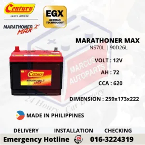 CENTURY MARATHONER MAX NS70L 90D26L 72Ah 620CCA Maintenance Free Car Battery