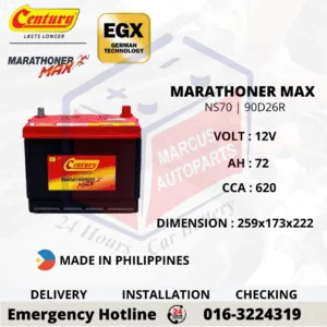 CENTURY MARATHONER MAX NS70 90D26R 72Ah 620CCA Maintenance Free Car Battery