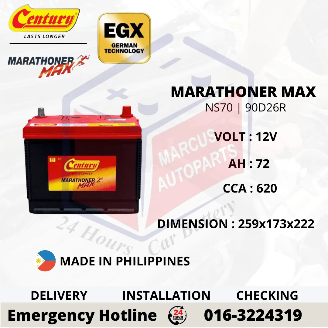 CENTURY MARATHONER MAX NS70 90D26R 72Ah 620CCA Maintenance Free Car Battery