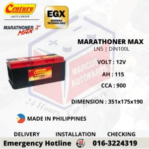 🔋 CENTURY MARATHONER MAX LN5 | DIN100L 115Ah 900CCA MAINTENANCE FREE CAR BATTERY Product Information Specification Details Brand CENTURY Series MARATHONER MAX Model Code DIN100L Battery Size LN5 Voltage 12V Capacity 115Ah CCA 900A Battery Type Maintenance Free (MF) Box Size LN5 Dimensions 351 × 175 × 190 mm Country of Origin Philippines Product Description The CENTURY MARATHONER MAX LN5 DIN100L is a 12V 115Ah 900CCA maintenance free car battery engineered to deliver outstanding starting performance, exceptional durability and dependable power for premium passenger vehicles and SUVs. Built with Tropicalized Plate Technology, DENXITA Paste Formula and Anti-Sulfation Enriched Electrolyte, it provides superior recharge acceptance, enhanced cycle endurance and reliable operation under Malaysia's demanding weather conditions. The CENTURY MARATHONER MAX LN5 DIN100L is commonly used in selected Mercedes-Benz E-Class, S-Class, BMW 5 Series, 7 Series, X5, X6, Audi A6, A8, Q5, Q7, Volkswagen Touareg, Volvo XC90, Porsche Cayenne, Land Rover Range Rover, Range Rover Sport, Jaguar F-Type, S-Type, XE, XF, Chevrolet Colorado and Hyundai Palisade models requiring an LN5 left positive battery size. It is an ideal replacement battery for drivers seeking maximum cranking power, extended battery life and reliable performance for luxury European vehicles and high electrical demand applications. Features & Benefits ✅ Heavy Duty Maintenance Free Design ✅ Tropicalized Plate Technology ✅ High Cycle Endurance ✅ Improved Recharging Ability ✅ New DENXITA Paste Formula ✅ Anti-Sulfation Enriched Electrolyte ✅ Optimised Acid-To-Active Material Ratio ✅ Strong Starting Performance ✅ Up To 2X Longer Cycle Life* ✅ SIRIM Certified Quality Suitable Vehicle Models Mercedes-Benz: E-Class, S-Class BMW: 5 Series, 7 Series, X5, X6 Audi: A6, A8, Q5, Q7 Volkswagen: Touareg Volvo: XC90 Porsche: Cayenne Land Rover: Range Rover, Range Rover Sport Jaguar: F-Type, S-Type, XE, XF Chevrolet: Colorado Hyundai: Palisade ⚠️ Vehicle compatibility may vary depending on manufacturing year, battery configuration and factory equipment. ⚠️ Please verify battery size and vehicle application before purchase. Important Notice Vehicle battery size may vary depending on manufacturing year, battery configuration and factory equipment. Please contact Marcus Autoparts with your vehicle model, manufacturing year and current battery photo for compatibility verification before purchase. Not Sure If This Battery Fits Your Vehicle? Send us: ✔ Vehicle Model ✔ Manufacturing Year ✔ Current Battery Photo Our team will verify compatibility before purchase. Signs Your Battery May Need Replacement ⚠️ Engine Hard To Start ⚠️ Clicking Sound During Cranking ⚠️ Dashboard Battery Warning Light ⚠️ Dim Headlights ⚠️ Battery More Than 2 Years Old ⚠️ Frequent Jump Start Required What's Included ✅ Genuine CENTURY MARATHONER MAX Battery ✅ Professional Installation (Selected Areas) ✅ Battery Health Check ✅ Alternator Charging Check ✅ Old Battery Trade-In Available ✅ Warranty Registration Warranty Coverage ✅ Genuine CENTURY MARATHONER MAX Product ✅ Manufacturer Warranty Included ✅ Warranty Registration Available Please contact us for warranty terms and conditions. On-Site Battery Replacement Service Marcus Autoparts provides professional on-site car battery replacement and installation services throughout Petaling Jaya, Kuala Lumpur, Subang Jaya, Shah Alam, Puchong, Cheras and surrounding Klang Valley areas. Walk-in customers are also welcome at our SS2 Petaling Jaya location. Why Choose Marcus Autoparts? ⭐ Experienced Battery Specialist ⭐ Genuine Products Only ⭐ Battery Testing Before Installation ⭐ On-Site Support Available ⭐ Fast Response Service ⭐ Professional Installation Frequently Asked Questions Is this battery suitable for my vehicle? Please provide your vehicle model, manufacturing year and current battery photo. Our team will verify compatibility before purchase. Do you provide installation? Yes. Professional battery installation is available in selected Klang Valley areas. Do you accept old battery trade-in? Yes. Old battery trade-in is available upon replacement. Can I walk in? Yes. Walk-in customers are welcome at our Petaling Jaya SS2 location. Do you provide battery delivery? Yes. We provide battery delivery and installation services throughout Klang Valley. Contact Us 📱 WhatsApp / Call: 016-3224319 (Marcus) 📍 Marcus Autoparts, SS2, Petaling Jaya 🚗 Send us your vehicle model and manufacturing year for battery recommendation. Related Searches Customers searching for the CENTURY MARATHONER MAX LN5 DIN100L may also be looking for LN5 battery Malaysia, DIN100L battery replacement, Century Marathoner Max battery, maintenance free car battery, Mercedes-Benz E-Class battery replacement, Mercedes-Benz S-Class battery replacement, BMW X5 battery replacement, BMW 7 Series battery replacement, Audi Q7 battery replacement, Audi A8 battery replacement, Volkswagen Touareg battery replacement, Volvo XC90 battery replacement, Porsche Cayenne battery replacement, Land Rover Range Rover battery replacement, Jaguar XF battery replacement, Hyundai Palisade battery replacement, 115Ah car battery, car battery delivery Petaling Jaya, car battery delivery Kuala Lumpur and on-site battery replacement services.