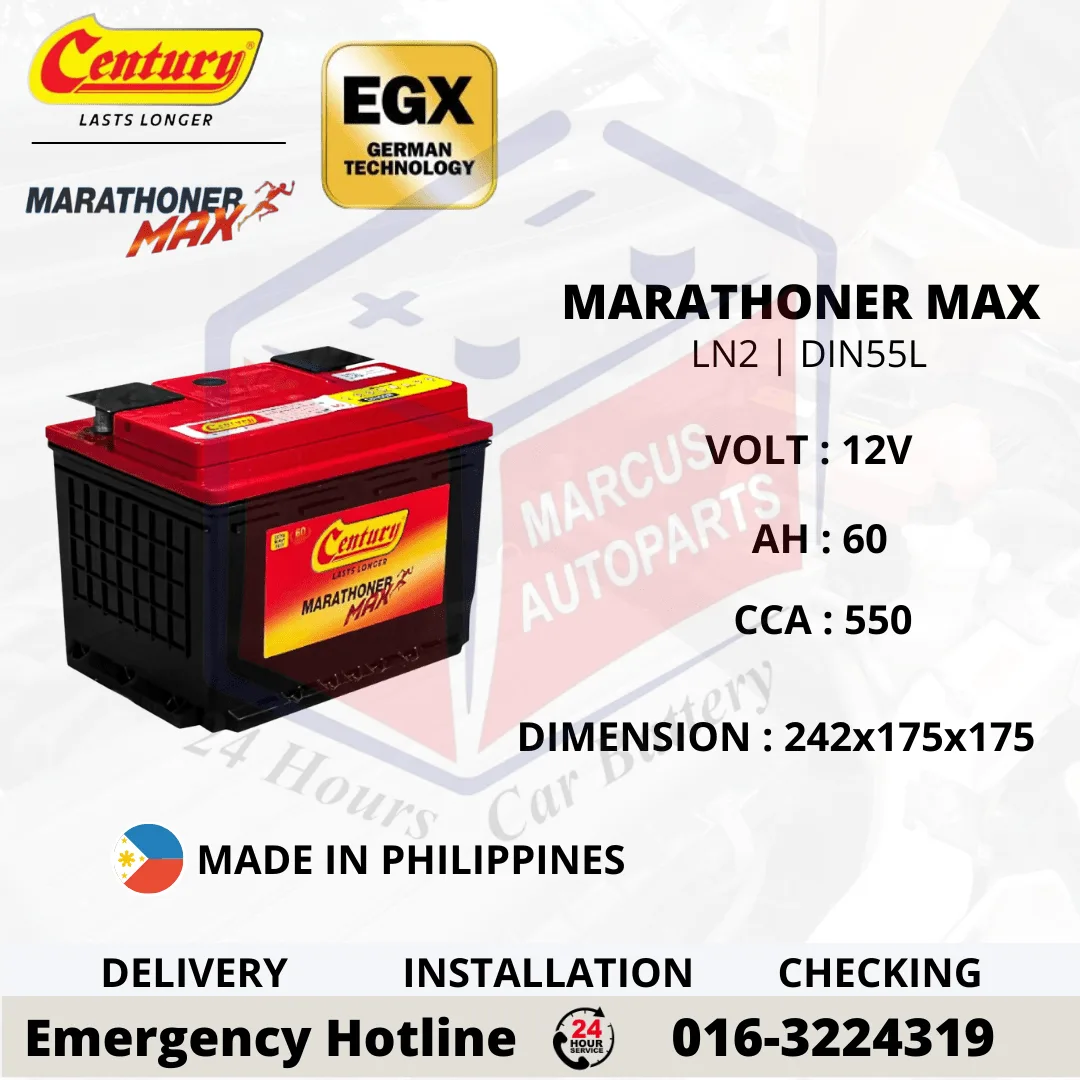 CENTURY MARATHONER MAX LN2 DIN55L 60Ah 550CCA Maintenance Free Car Battery