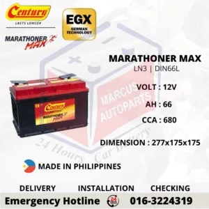 CENTURY MARATHONER MAX LN3 DIN66L 66Ah 680CCA Maintenance Free Car Battery