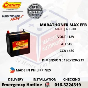 CENTURY MARATHONER MAX EFB M42L 60B20L 45Ah 430CCA Start-Stop Car Battery