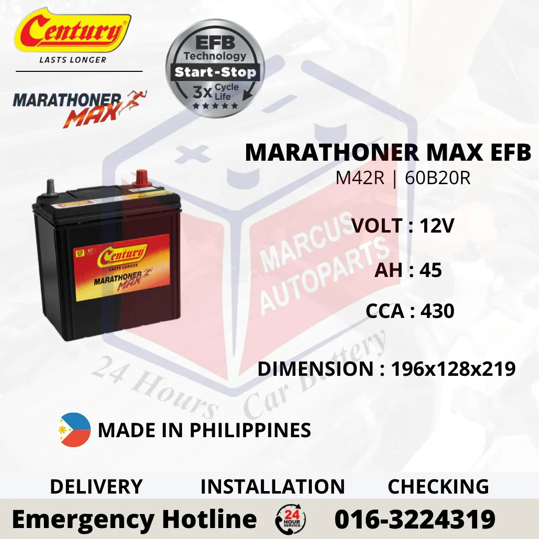 CENTURY MARATHONER MAX EFB M42R 60B20R 45Ah 430CCA Start-Stop Car Battery