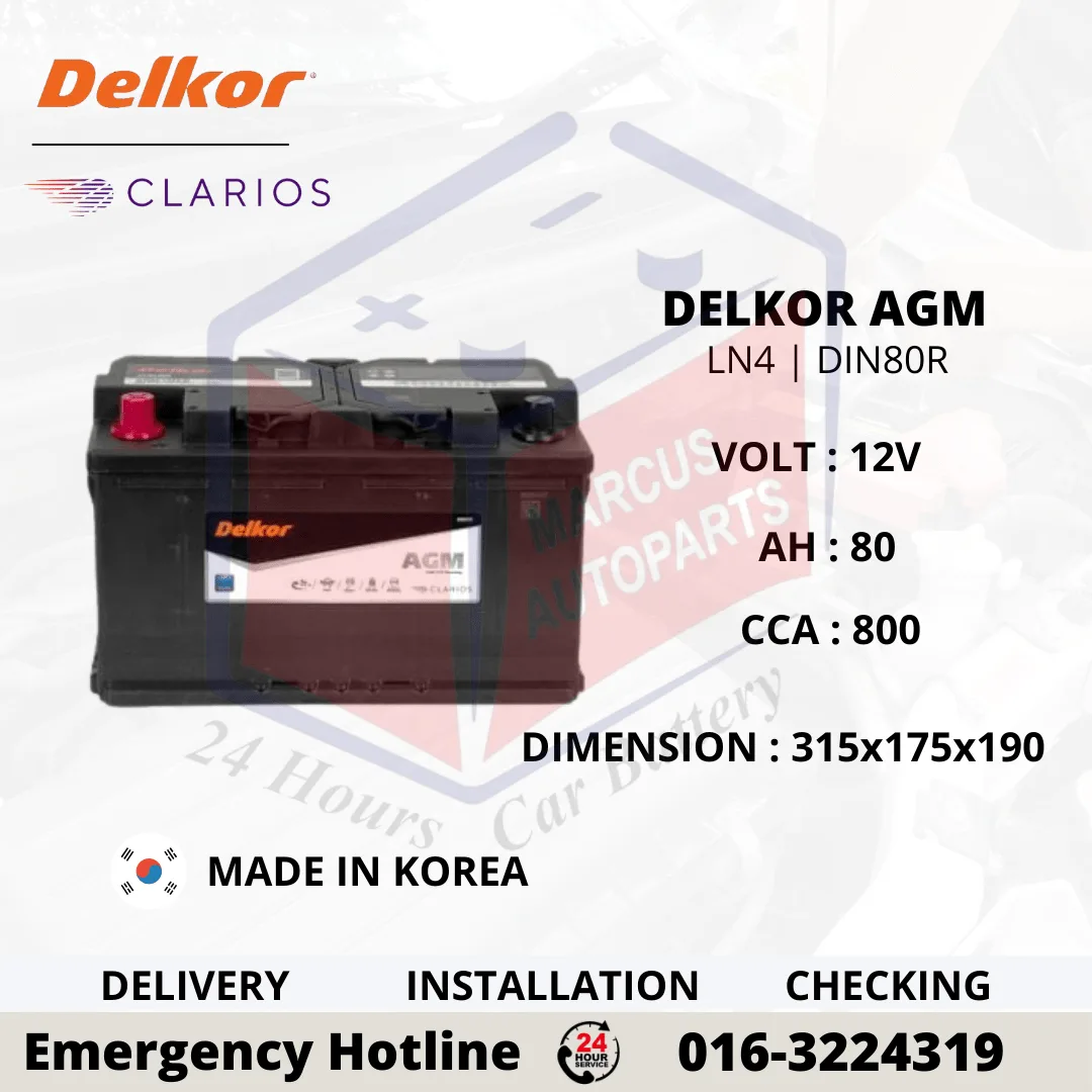 DELKOR AGM LN4 | DIN80R 80AH 800CCA START-STOP CAR BATTERY