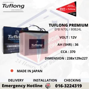 TUFLONG PREMIUM PLUS EFB N70L | 80B24L 36AH 370CCA START-STOP CAR BATTERY
