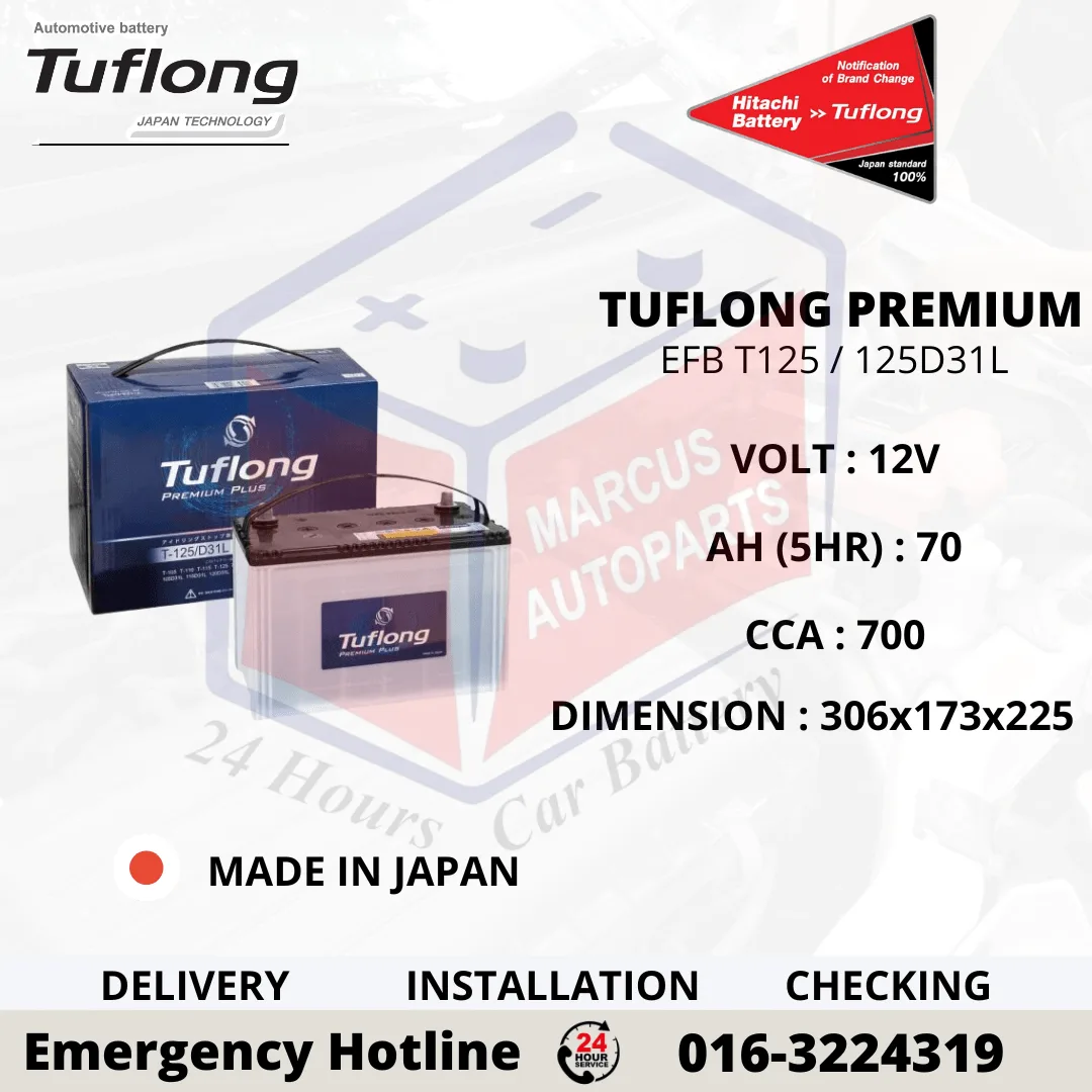 TUFLONG PREMIUM PLUS EFB T125L | 125D31L 70AH 700CCA START-STOP CAR BATTERY