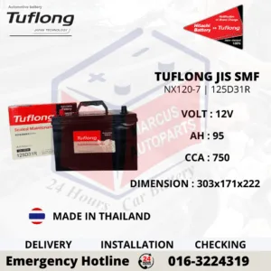 TUFLONG SMF NX120-7 | N70Z | 125D31R 95AH 750CCA CAR BATTERY