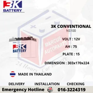 3K LOW MAINTENANCE NS100 75AH WET CAR BATTERY