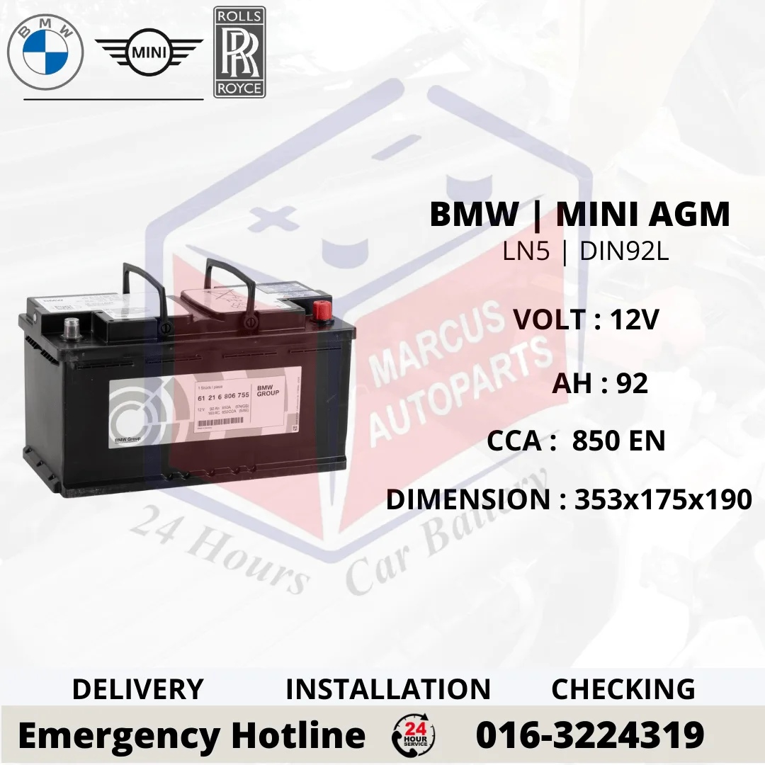 BMW AGM LN5 | DIN92L | 61216806755 92AH 850EN START-STOP CAR BATTERY