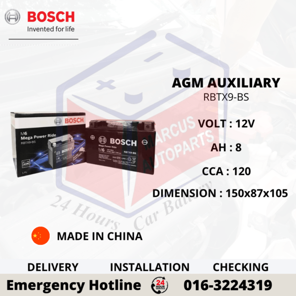 BOSCH BLACK AGM RBTX9-BS | 8AH | 120A AUXILIARY BATTERY