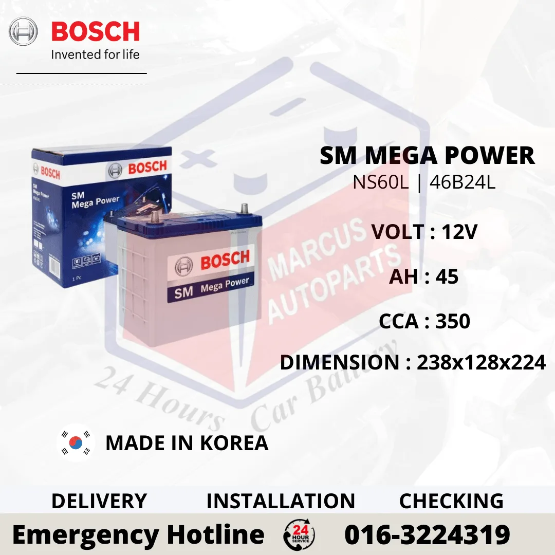BOSCH SM MEGA POWER NS60L 46B24L 0092S47500 45AH 350CCA CAR BATTERY