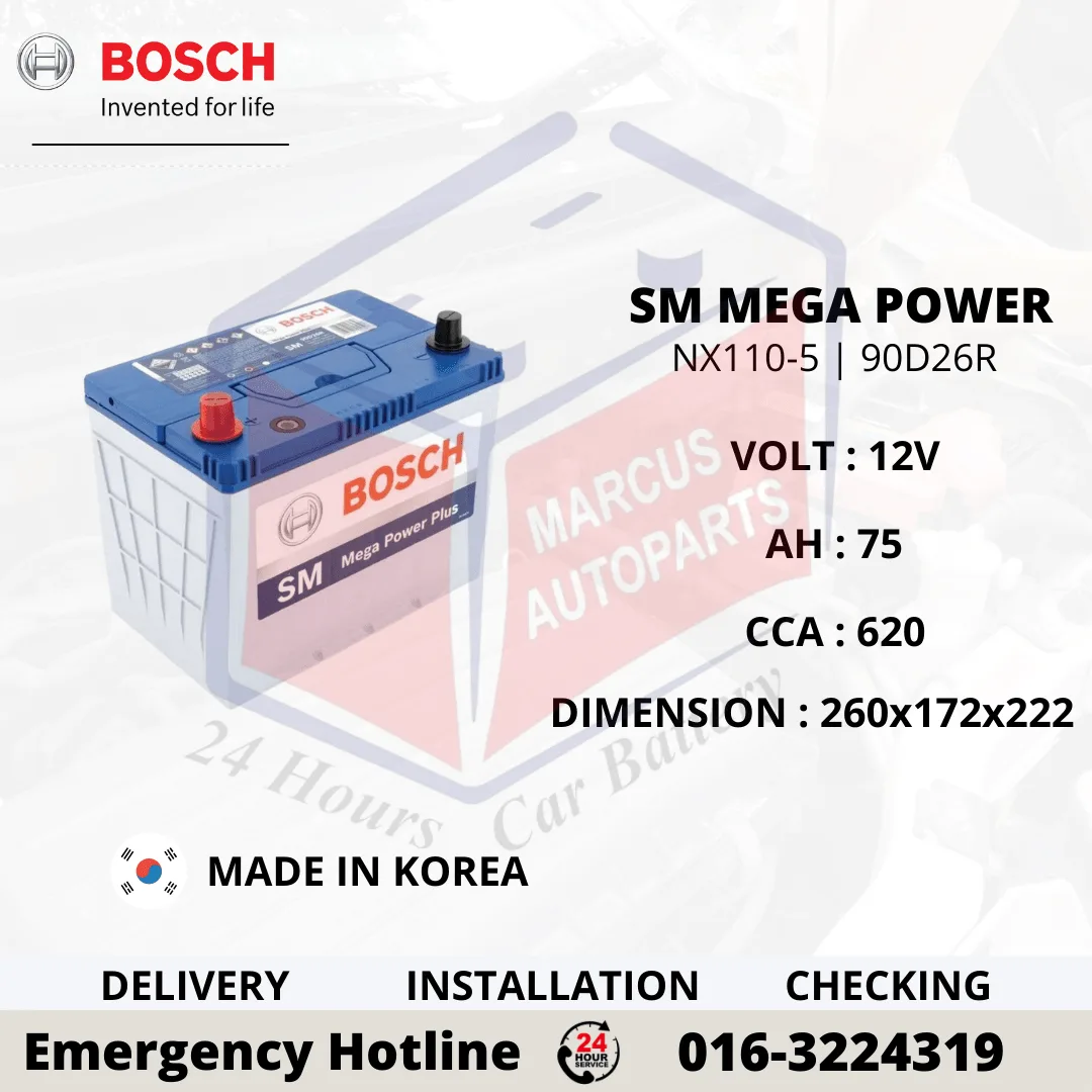 BOSCH SM MEGA POWER NX110-5 NS70 90D26R 0092S47031 75AH 620CCA CAR BATTERY