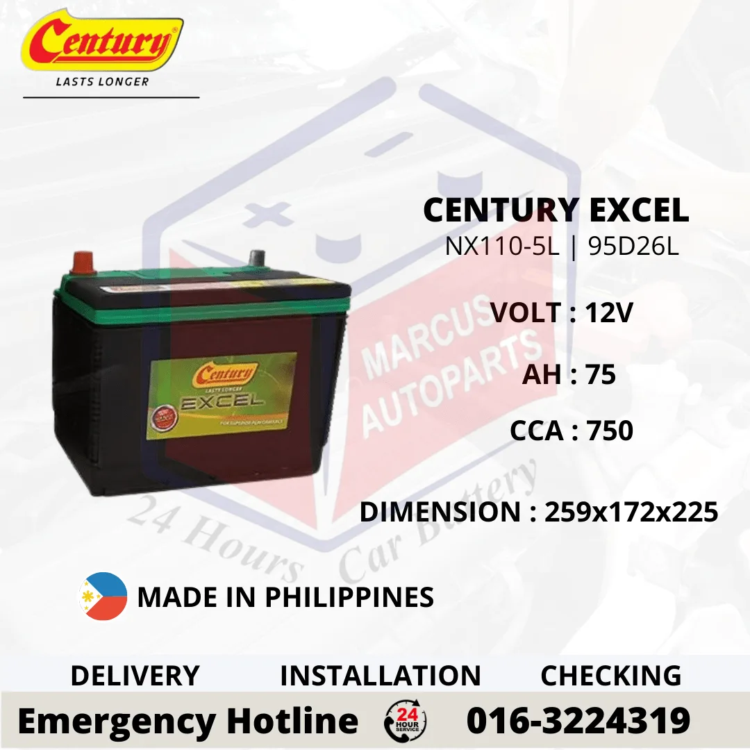 CENTURY EXCEL NX110-5L NS70L 95D26L 75Ah 750CCA Maintenance Free Car Battery