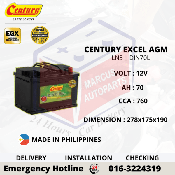 CENTURY EXCEL AGM LN3 | DIN70L CAR BATTERY