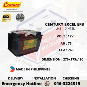 CENTURY EXCEL EFB LN3 DIN75L 75Ah 760CCA Start-Stop Car Battery