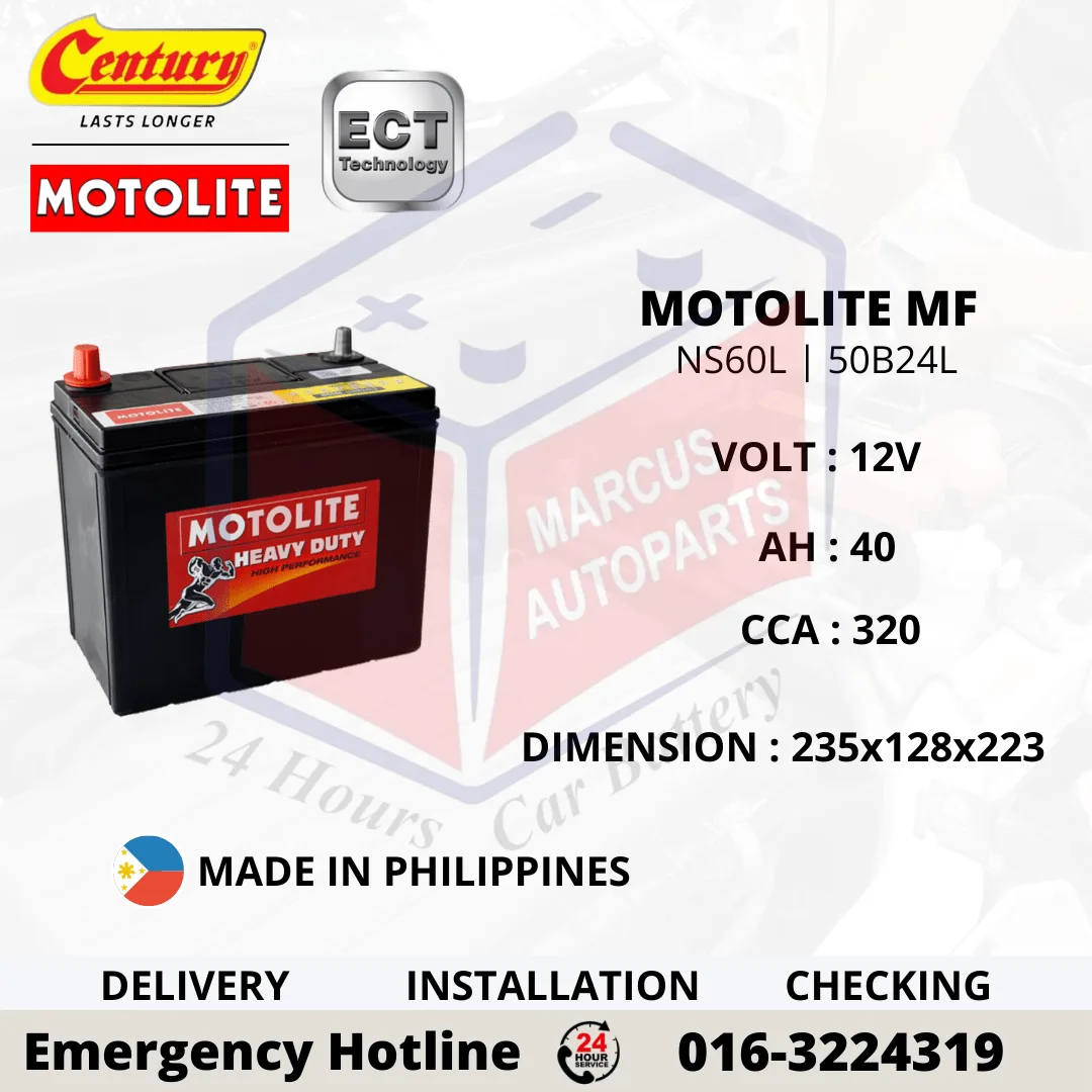 CENTURY MOTOLITE MF NS60L | 50B24L 40Ah 320CCA Maintenance Free Car Battery