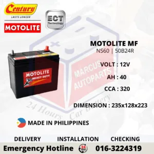 CENTURY MOTOLITE MF NS60 | 50B24R 40Ah 320CCA Maintenance Free Car Battery
