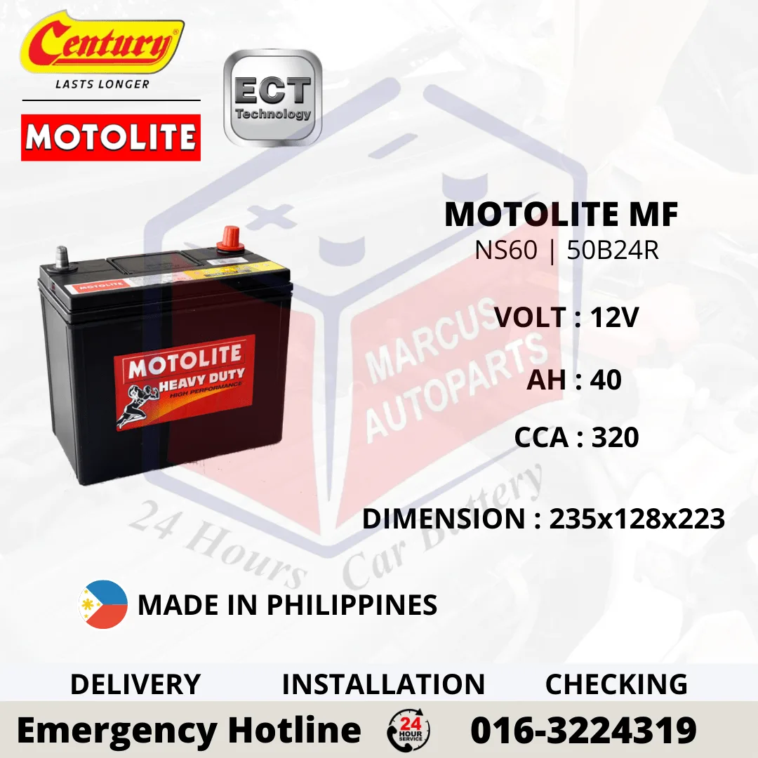 CENTURY MOTOLITE MF NS60 | 50B24R 40Ah 320CCA Maintenance Free Car Battery
