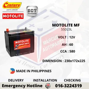 CENTURY MOTOLITE MF 55D23L 60Ah 580CCA Maintenance Free Car Battery
