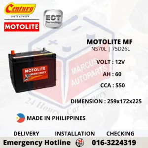 CENTURY MOTOLITE MF NS70L | 75D26L 60Ah 550CCA Maintenance Free Car Battery
