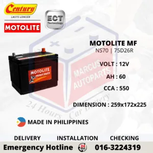 CENTURY MOTOLITE MF NS70 | 75D26R 60Ah 550CCA Maintenance Free Car Battery