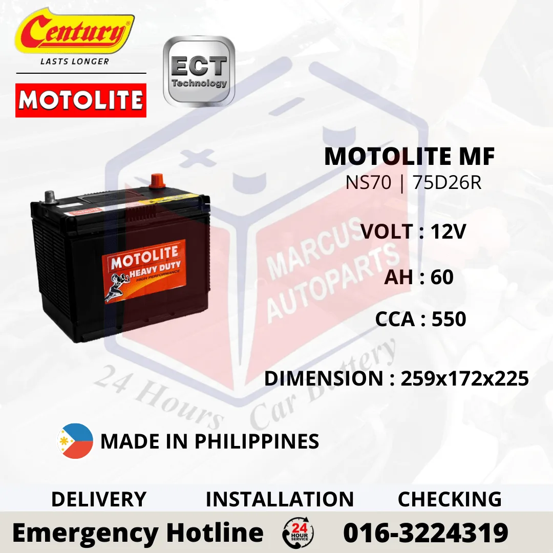 CENTURY MOTOLITE MF NS70 | 75D26R 60Ah 550CCA Maintenance Free Car Battery