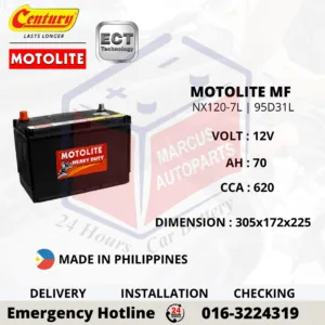 CENTURY MOTOLITE MF NX120-7L | 95D31L 70Ah 620CCA Maintenance Free Car Battery