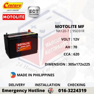 CENTURY MOTOLITE MF NX120-7 | 95D31R 70Ah 620CCA Maintenance Free Car Battery