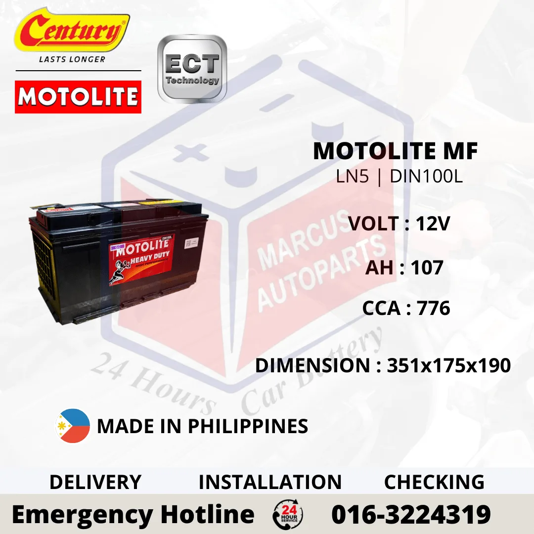 CENTURY MOTOLITE MF LN5 | DIN100L 100Ah 776CCA Maintenance Free Car Battery