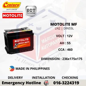 CENTURY MOTOLITE MF LN2 | DIN55L 55Ah 460CCA Maintenance Free Car Battery