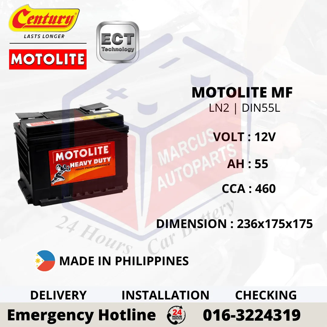 CENTURY MOTOLITE MF LN2 | DIN55L 55Ah 460CCA Maintenance Free Car Battery