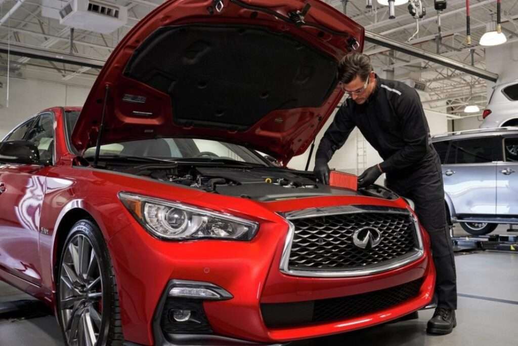 Close-up of new battery being installed in an Infiniti engine bay