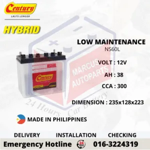 CENTURY HYBRID NS60L 38Ah 300CCA Low Maintenance Car Battery