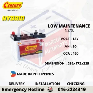 CENTURY HYBRID NS70L 60Ah 450CCA Low Maintenance Car Battery