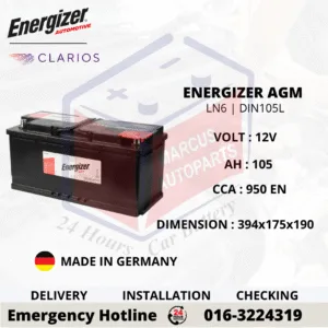 ENERGIZER AGM LN6 DIN105L 105Ah 950CCA Start-Stop Car Battery