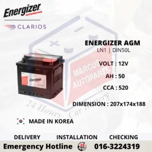 ENERGIZER AGM LN1 DIN50L 50Ah 520CCA Start-Stop Car Battery