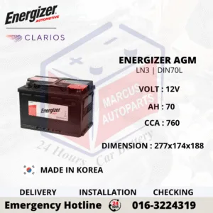ENERGIZER AGM LN3 DIN70L 70Ah 760CCA Start-Stop Car Battery