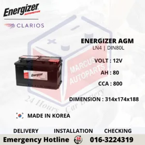 ENERGIZER AGM LN4 DIN80L 80Ah 800CCA Start-Stop Car Battery