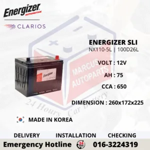 ENERGIZER SLI NX110-5L NS70L 100D26L 75Ah 650CCA Car Battery