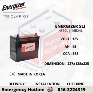 ENERGIZER SLI NS60L 46B24L 45Ah 335CCA Car Battery
