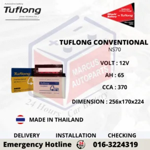 TUFLONG CONVENTIONAL NS70 65AH 370CCA COMMERCIAL BATTERY